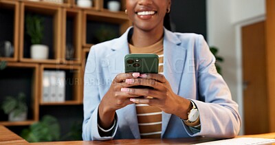 Buy stock photo Hands, smile and business woman in office with phone for social media, communication or typing. Happy person, financial advisor and tech for accounting, mobile app and texting with message to contact