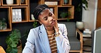 Stress, neck pain and business woman in office with pressure, crisis and burnout for advertising. Creative agency, strain and African person with tension, tired and fatigue for brand management job