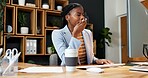 Bored, yawn and computer with business black woman for deadline, tired and accounting burnout. Portfolio fatigue, overworked and brain fog with employee in agency for procrastination and exhausted