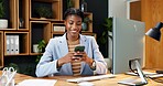 Smile, business and black woman in office with phone for social media, communication or typing. Happy person, financial advisor and tech for accounting, mobile app and texting with message to contact
