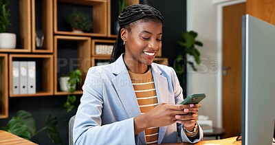 Buy stock photo Happy, business and black woman in office with phone for social media, communication or typing. Person, financial advisor and tech for accounting, mobile app and computer with message to contact