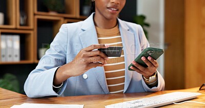 Buy stock photo Hands, phone and woman in office with credit card, business transaction and settlement of bills. Happy, female person and typing in workplace with tech, company expense and app for online payment.