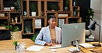 Business, black woman and review in office with computer, research and email for viewing schedule. Realtor, typing and smile in workplace with pc, buyer inquiry and pricing property for auction offer