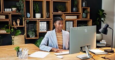 Buy stock photo Business, black woman and review in office with computer, research and email for viewing schedule. Realtor, typing and smile in workplace with pc, buyer inquiry and pricing property for auction offer