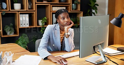 Buy stock photo Bored, reading and computer with business black woman for research, tired and accounting burnout. Portfolio fatigue, overworked and brain fog with employee in agency for procrastination and tech