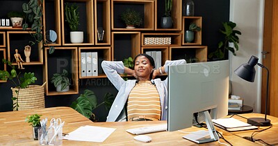 Buy stock photo Resting, relax and business woman in office for productivity, complete project and finish target. Calm, black person and break at work with easy task, peace and stretching for deadline pride