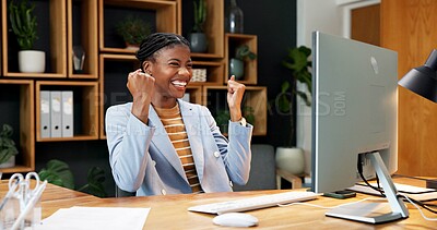 Buy stock photo Happy, black woman and fist pump with computer for good news, celebration or promotion in office. Excited, business person and employee with profit on tech for deal, approval or prize announcement