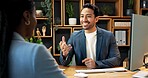 Discussion, man and candidate in office for interview, recruitment and human resources agreement. Business people, conversation and hiring with job offer, opportunity and smile for onboarding process