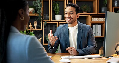 Buy stock photo Discussion, man and candidate in office for interview, recruitment and human resources agreement. Business people, conversation and hiring with job offer, opportunity and smile for onboarding process