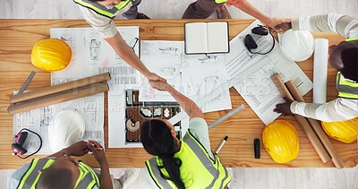 Buy stock photo Above, architecture or people with handshake for agreement, building design or contract deal. Engineering team, shaking hands or blueprint in office for investment, urban development or construction