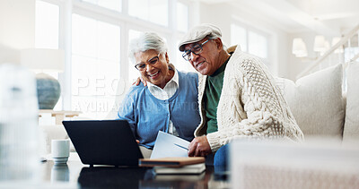 Buy stock photo Senior, laptop and happy couple with documents in home for retirement plan, finance or investment. Elderly, man and woman with smile, paperwork or computer on sofa for asset management or pension