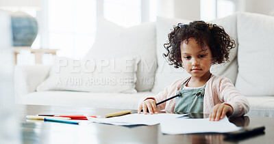 Buy stock photo Artistic, drawing and paper with girl child in living room of home for creative expression. Education, learning and writing with cute kid in apartment for development, future or growth on weekend