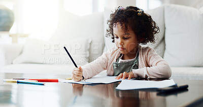 Buy stock photo Education, drawing and paper with girl child in living room of home for creative expression. Artistic, learning and writing with cute kid in apartment for development, future or growth on weekend