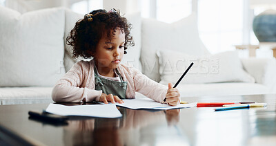 Buy stock photo Development, education and writing with girl in living room of home for creative expression. Homework, learning and paper with child in apartment for art drawing, future or growth on weekend