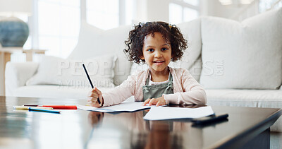 Buy stock photo Artistic, drawing and portrait of girl child in living room of home for creative expression. Education, paper and writing with happy kid in apartment for development, future or growth on weekend