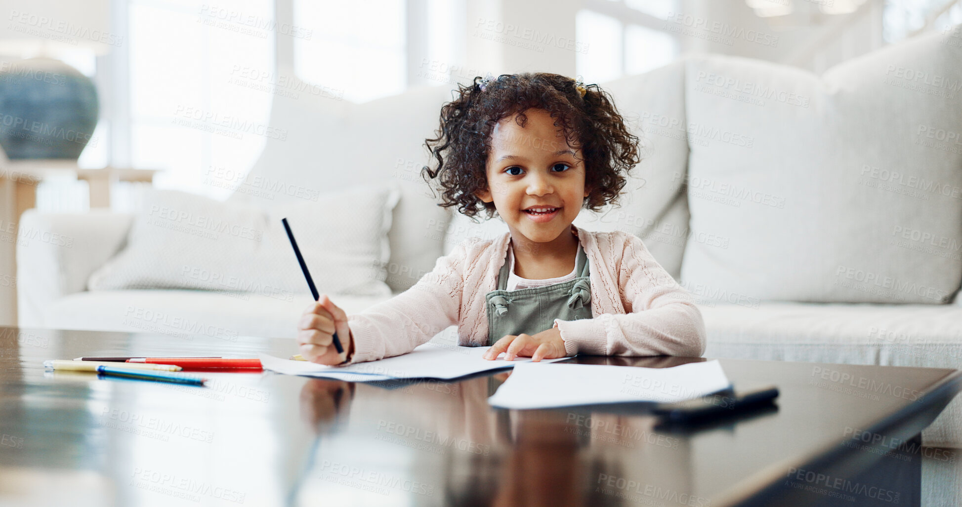Buy stock photo Artistic, drawing and portrait of girl child in living room of home for creative expression. Education, paper and writing with happy kid in apartment for development, future or growth on weekend