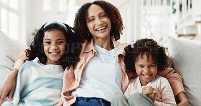 Buy stock photo Smile, mother and kids in home with love, laugh and hug for connection with portrait of daughter. Happy girls, sister and parent on sofa with family embrace for support, care and relax together