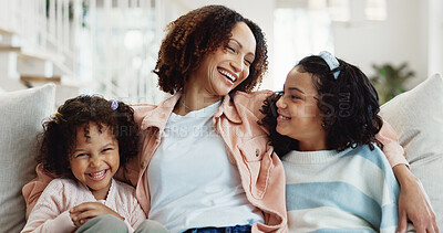 Buy stock photo Mother, relax and laugh in home with children, love and funny joke for bonding together on weekend. Portrait, happy woman and girl kids in living room with humor, support or care for family wellness.