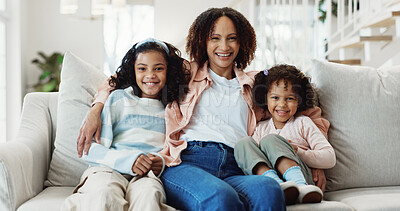 Buy stock photo Smile, mom and kids in home with love, laugh and hug for connection with portrait of daughter. Happy girl, sisters and parent on sofa with family embrace for support, care and relax together