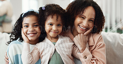 Buy stock photo Smile, mother and kids in home with care, trust and connection with portrait of daughters. Happy girls, sisters and parent on sofa in lounge with family for support, motherhood and relax together