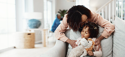 Buy stock photo Mother, kiss and child at house with love, affection and interaction for bonding together. Woman, embrace and daughter in lounge with teddy bear, parental care and family connection for weekend break