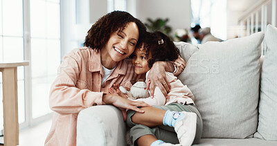 Buy stock photo Happy, mother and hug in home with child, protection and connection for bonding together on weekend. Smile, woman and embrace daughter in living room with love, affection or care for family wellness.