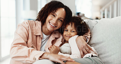 Buy stock photo Portrait, mother and hug in house with child, wellness or connection for bonding together on weekend. Happy, woman and embrace daughter in family home with love, affection or nurture for development.