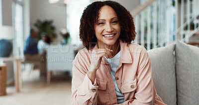 Buy stock photo Portrait, relax and happy woman on sofa in home for holiday, free time or vacation break. Mature person, chilling or smile with positive attitude or comfort on couch for weekend or day off in house