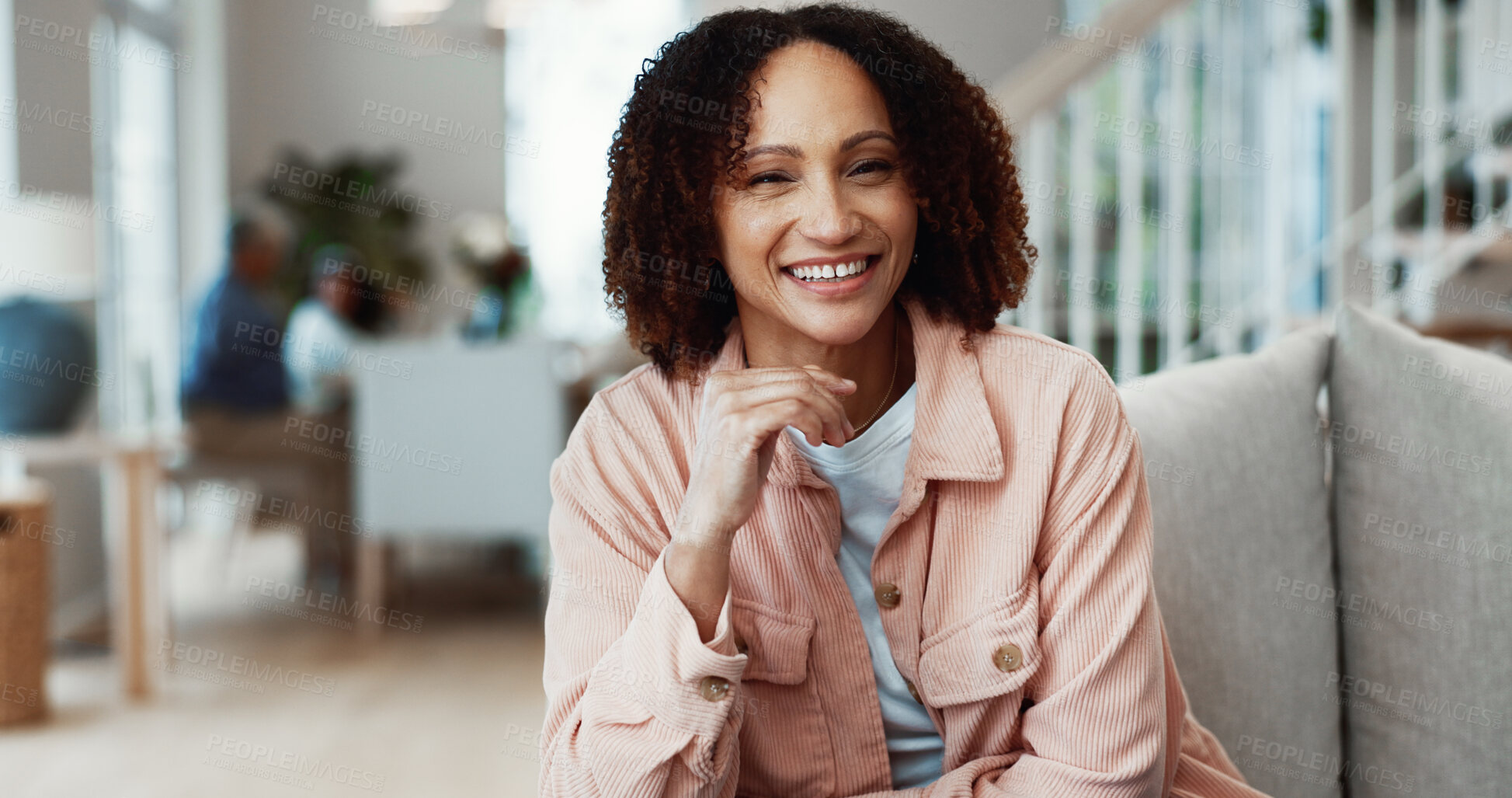 Buy stock photo Portrait, relax and happy woman on sofa in home for holiday, free time or vacation break. Mature person, chilling or smile with positive attitude or comfort on couch for weekend or day off in house