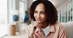 Thinking, relax and happy woman on sofa in home for ambition, daydreaming or weekend plan. Thoughtful, female person or smile with vision or idea for holiday agenda, nostalgia or past memory in house