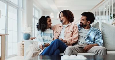 Buy stock photo Love, parents and daughter in home with smile, security and relax together in loving connection. Support, trust and family on couch with break, happy moment and bonding in healthy relationship.