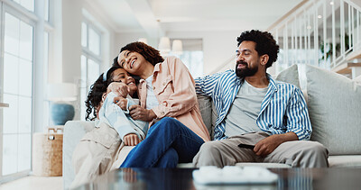 Buy stock photo Love, parents and daughter in house with hug, security and relax together in loving connection. Support, embrace and family on couch with break, happy moment and bonding in healthy relationship.