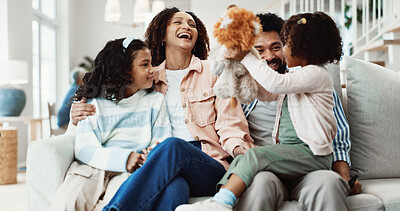 Buy stock photo Fun, parents and kids in home with teddy, happy relationship or bonding together for child growth. Childcare, laugh and family with plushie, parenthood and playful connection in childhood development