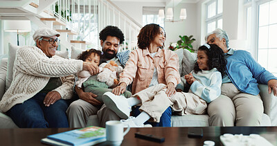 Buy stock photo Relax, sofa and big family with children in home for bonding, weekend or vacation together. Parents, grandparents or playing with kids, smile or love for generation, playful holiday or break in house