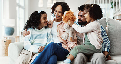 Buy stock photo Fun, parents and kids in house with teddy, happy relationship or bonding together for child growth. Childcare, laugh and family with plushie, parenthood or playful connection in childhood development