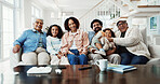 Relax, portrait and big family with smile on sofa in home for bonding, weekend or vacation together. Parents, grandparents or love with happy children for generations, holiday or break in house