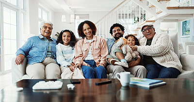Buy stock photo Relax, portrait and big family with smile on sofa in home for bonding, weekend or vacation together. Parents, grandparents or love with happy children for generations, holiday or break in house