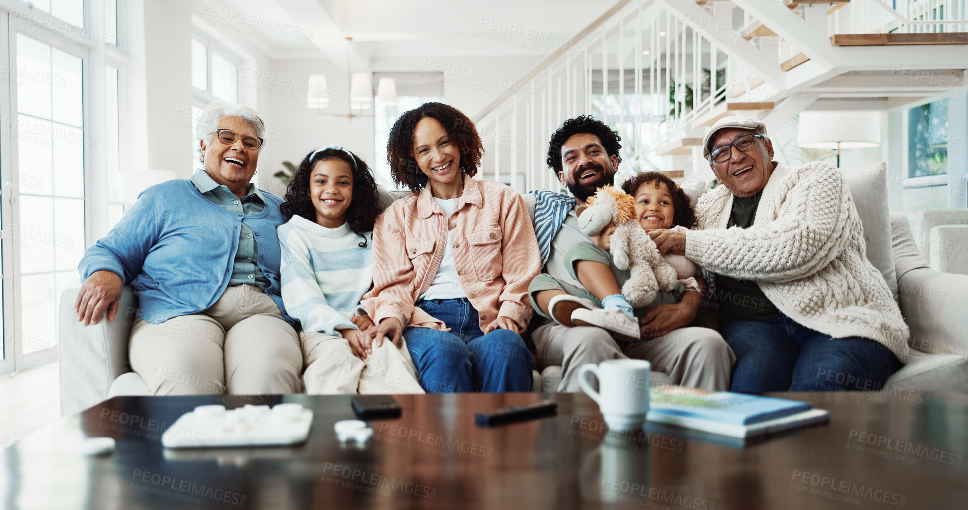 Buy stock photo Relax, portrait and big family with smile on sofa in home for bonding, weekend or vacation together. Parents, grandparents or love with happy children for generations, holiday or break in house