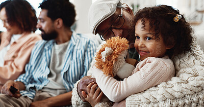 Buy stock photo Grandpa, child and smile in family home with teddy bear, love and relax together for weekend visit. Happy, senior man and girl grandchild in lounge with stuffed animal, parents and play for bonding.