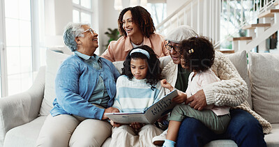 Buy stock photo Care, big family and reading book in home with kids, learning or laugh with generations. Grandparents, children or happy mom with literature on sofa for storytelling, funny joke or language education