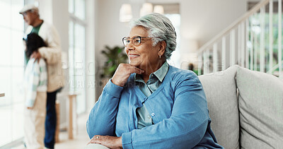 Buy stock photo Old woman, smile and thinking in home for nostalgia, history or positive past perspective in retirement. Person, pension or elderly with mindset, remember or memory with thoughts at family house