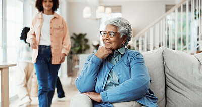 Buy stock photo Old woman, smile and thinking at house for nostalgia, history or positive past perspective in retirement. Person, pension or elderly with mindset, remember or memory with thoughts at family home