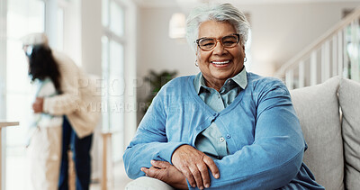 Buy stock photo Portrait, old woman and relax in home with smile, peace and calm morning for stress relief. Happy, senior person or comfortable in living room with good mood, me time and retirement in family house