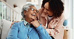 Family, love and woman with senior mother in home, bonding or laughing with daughter in living room. Happy person, support and affection for elderly parent, together and connection with mom in house