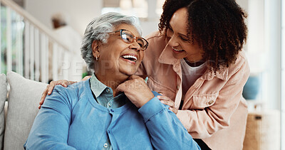 Buy stock photo Family, love and woman with senior mother in home, bonding or laughing with daughter in living room. Happy person, support and affection for elderly parent, together and connection with mom in house