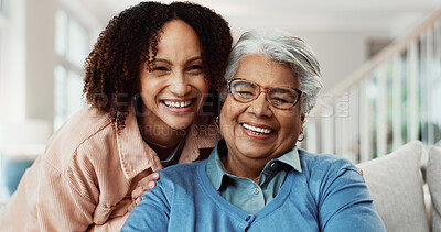 Buy stock photo Family, portrait and woman with senior mother in house, bonding and laughing with daughter on break. Happy person, support and affection for elderly parent, together and connection with mom in home