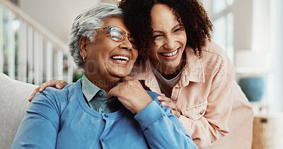 Buy stock photo Family, support and woman with senior mother in home, bonding or laugh with daughter in living room. Happy people, embrace and affection for elderly parent, together and connection with mom in house