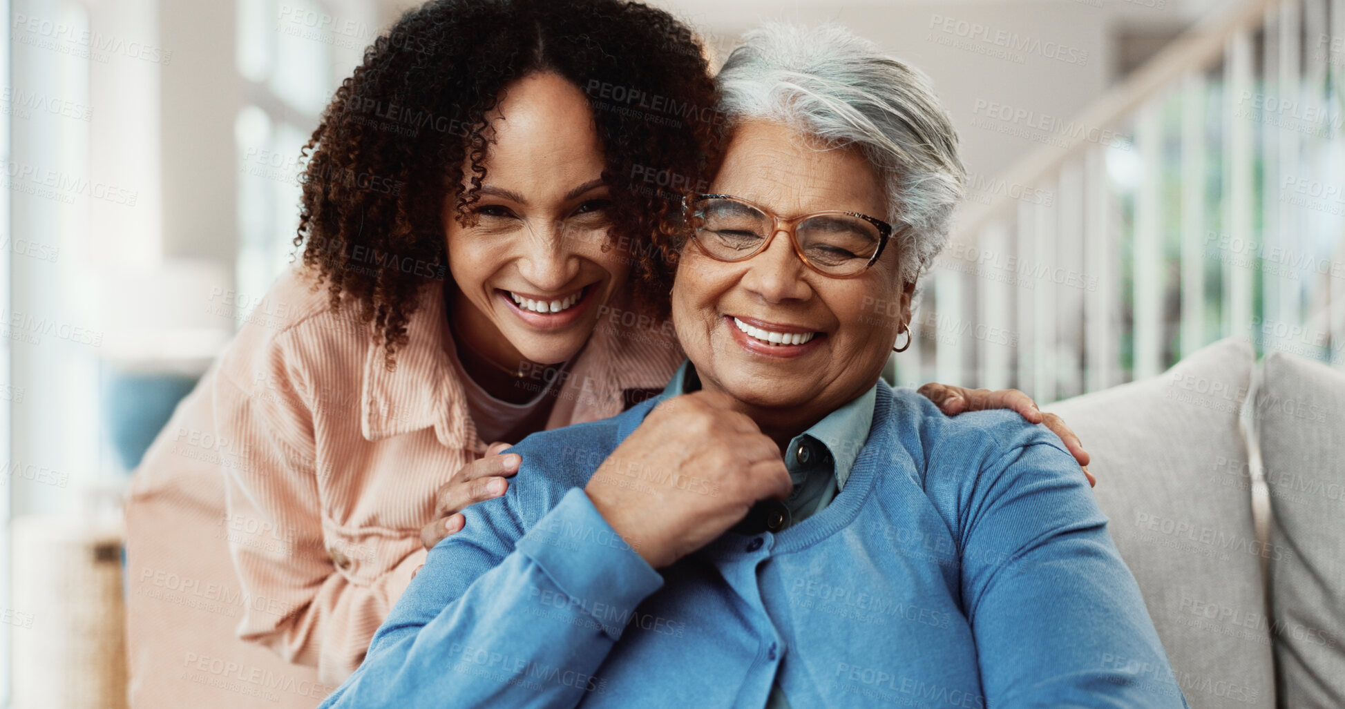 Buy stock photo Family, bonding and woman with senior mother in house, portrait and laughing with daughter on break. Happy person, support and affection for elderly parent, together and connection with mom in home