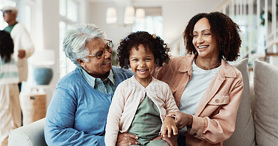 Buy stock photo Smile, grandmother and mother at house with child, love and playful interaction for bonding. Portrait, people and generations in lounge with kid, parental care and family connection for weekend break