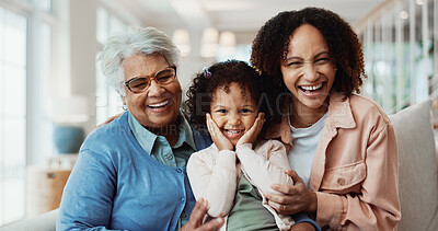 Buy stock photo Portrait, grandmother and mother at house with kid, love and playful interaction for bonding. People, laugh or generations in home with daughter, parental care and family connection for weekend break